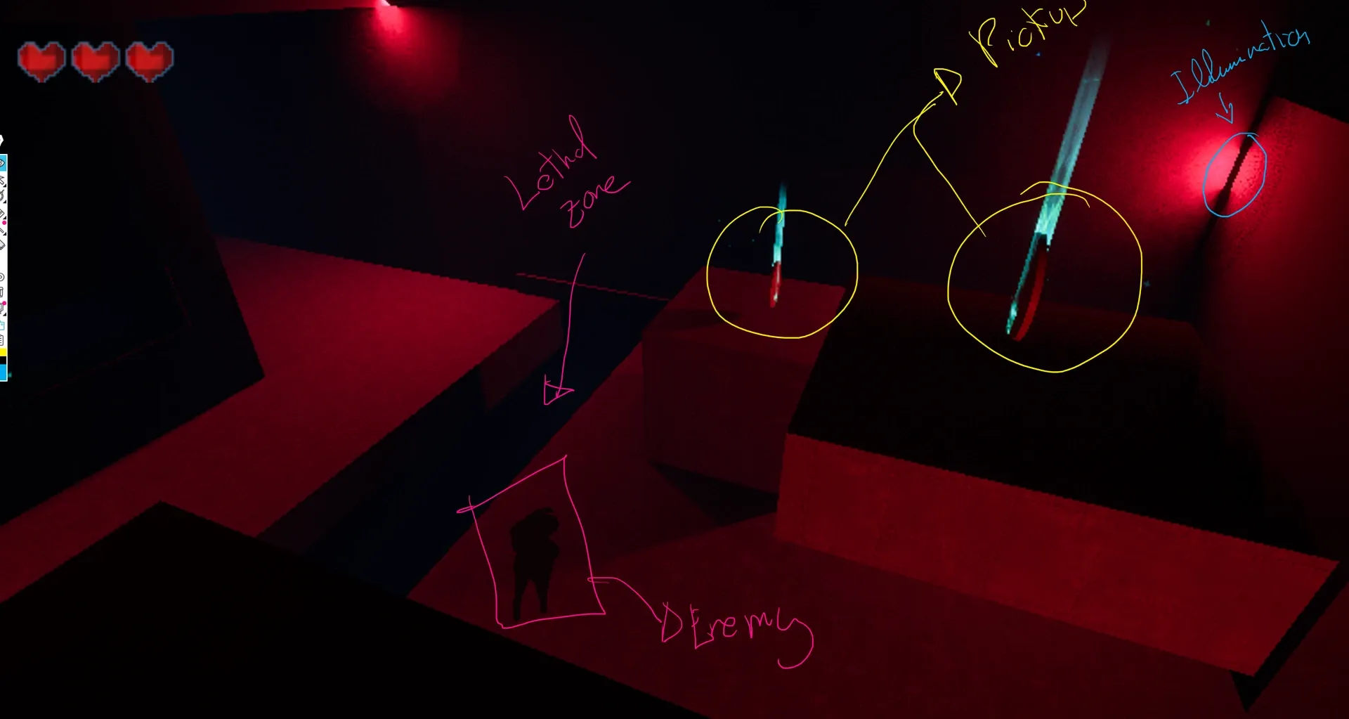 In-game capture with design notes: a lethal zone, an enemy, two pickups and a red light used as illumination.