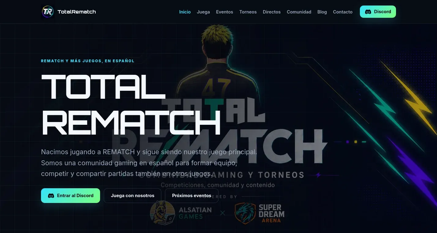 Home page of the TotalRematch website, built and hosted by the studio.