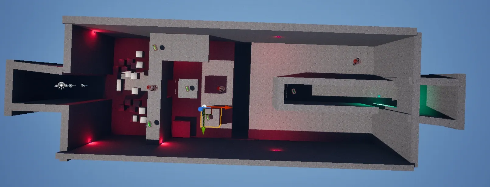 Top-down view of the NewZozobra blockout in Unreal Engine, from red-lit rooms on the left to a green-lit exit on the right.